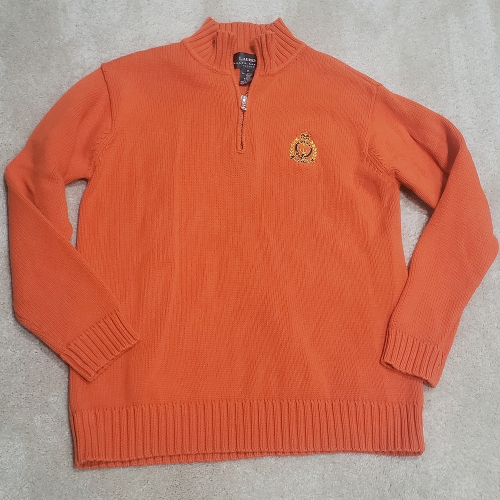LRL Ralph Lauren Womens Sweater Orange Logo Petite Equestrian Preppy Old Money